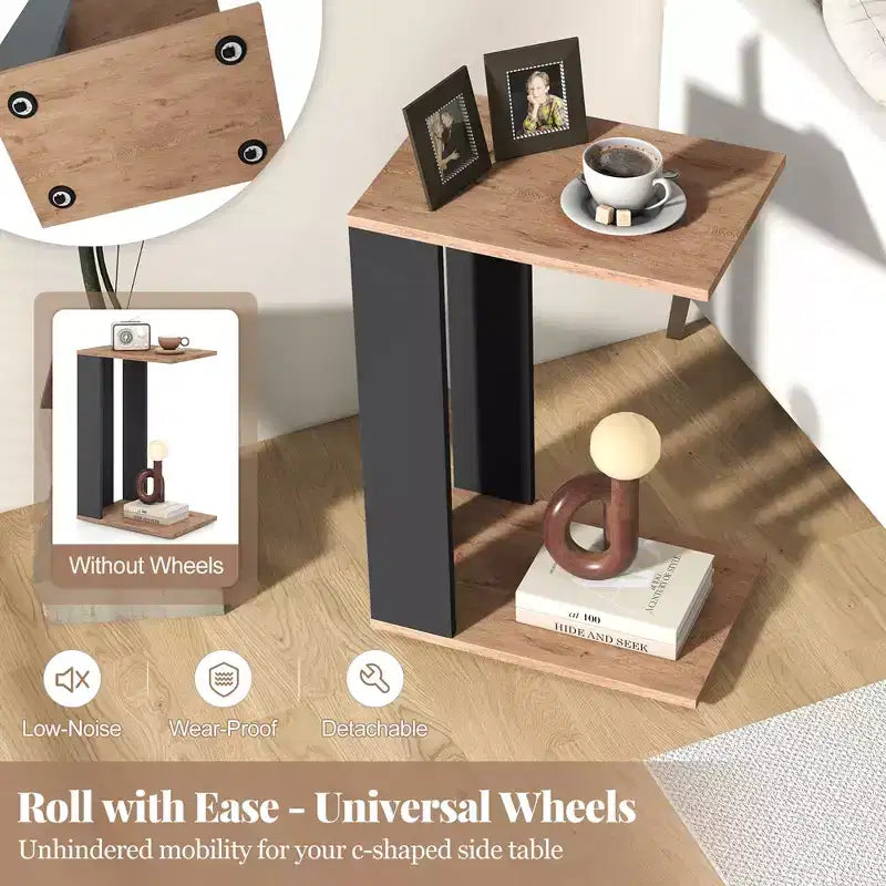 Costway 2-Tier C Shaped Side Table w/ Universal Wheels & Shelf for Small Space