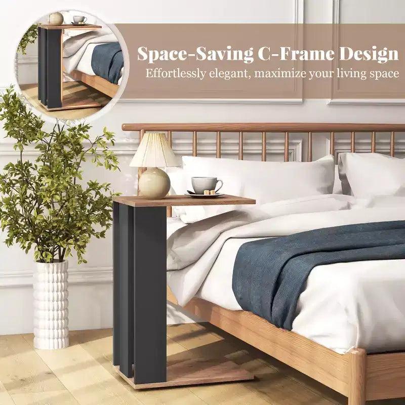 Costway 2-Tier C Shaped Side Table w/ Universal Wheels & Shelf for Small Space