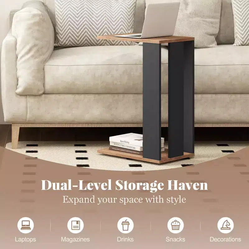 Costway 2-Tier C Shaped Side Table w/ Universal Wheels & Shelf for Small Space