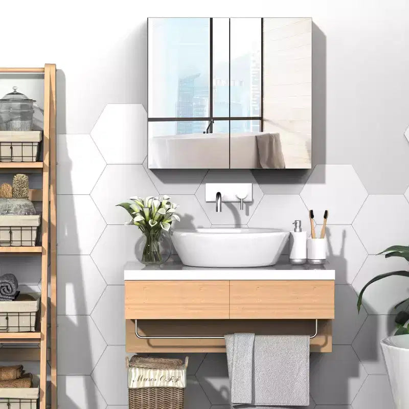 Bathroom Mirrored Cabinet, 24x22 Steel Frame Medicine Cabinet, Wall-Mounted Storage Organizer with Double Doors