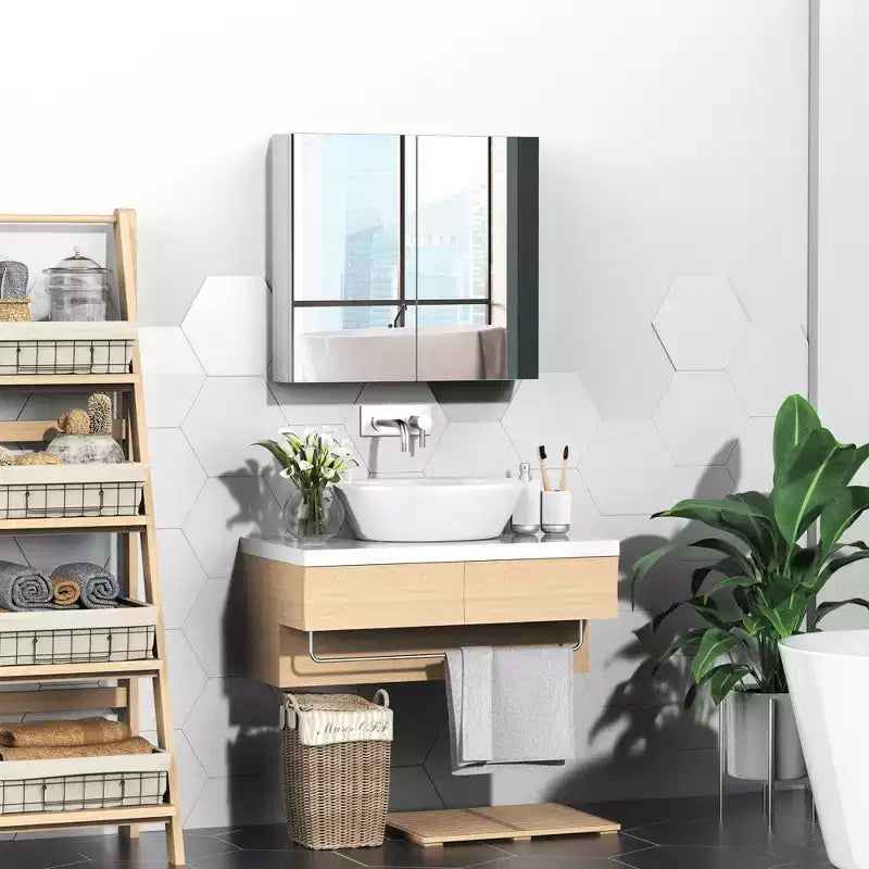 Bathroom Mirrored Cabinet, 24x22 Steel Frame Medicine Cabinet, Wall-Mounted Storage Organizer with Double Doors