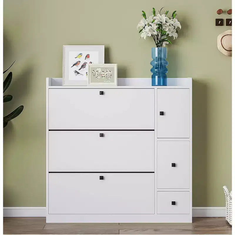 MAYEERTY Versatile Tipping Bucket Shoe Cabinet, 3 Flip Drawers Pull-down Seat Entryway Organizer, White