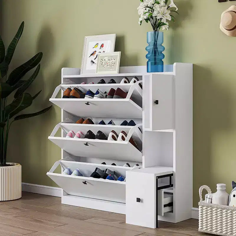 MAYEERTY Versatile Tipping Bucket Shoe Cabinet, 3 Flip Drawers Pull-down Seat Entryway Organizer, White