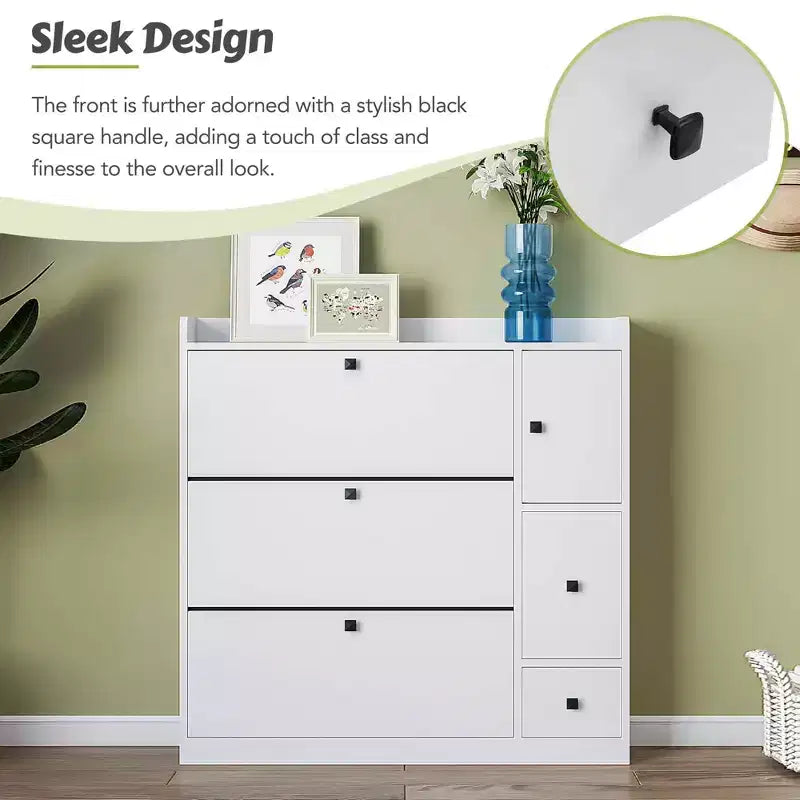 MAYEERTY Versatile Tipping Bucket Shoe Cabinet, 3 Flip Drawers Pull-down Seat Entryway Organizer, White