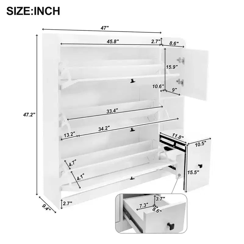 MAYEERTY Versatile Tipping Bucket Shoe Cabinet, 3 Flip Drawers Pull-down Seat Entryway Organizer, White