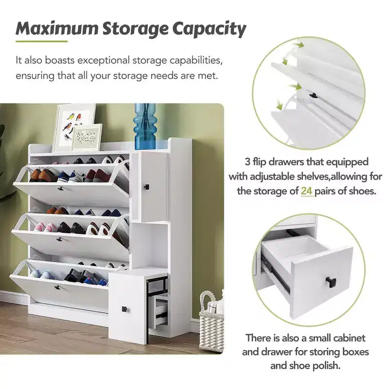 MAYEERTY Versatile Tipping Bucket Shoe Cabinet, 3 Flip Drawers Pull-down Seat Entryway Organizer, White