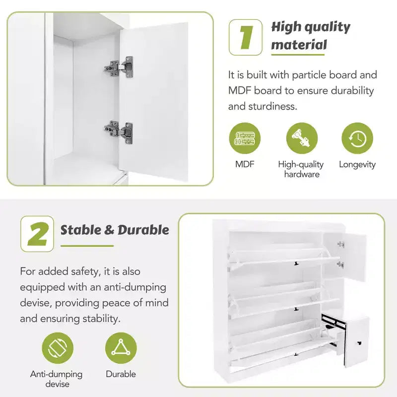 MAYEERTY Versatile Tipping Bucket Shoe Cabinet, 3 Flip Drawers Pull-down Seat Entryway Organizer, White