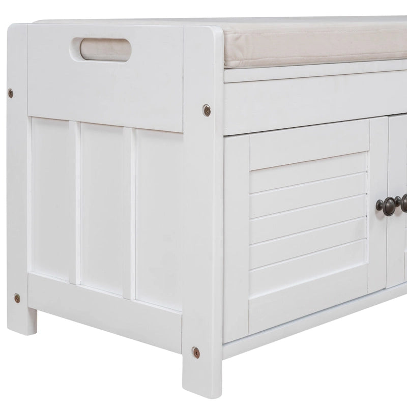 Upholstered Storage Ottoman Bench with 3 Shutter-Shaped Doors Cabinet