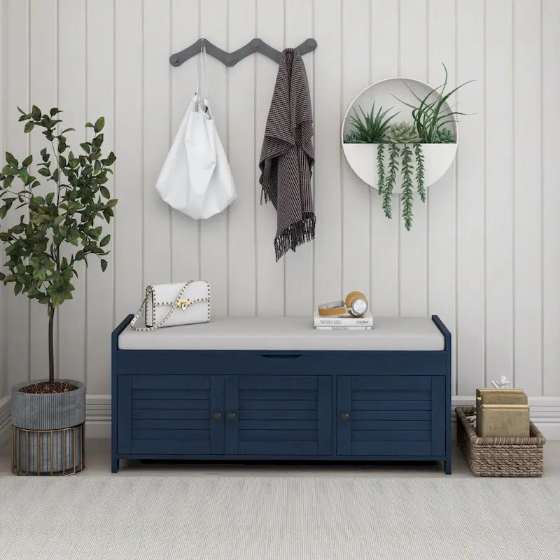 Upholstered Storage Ottoman Bench with 3 Shutter-Shaped Doors Cabinet