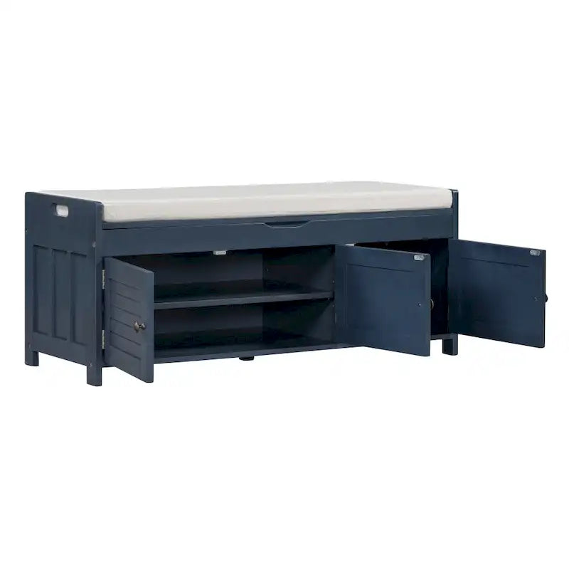 Upholstered Storage Ottoman Bench with 3 Shutter-Shaped Doors Cabinet