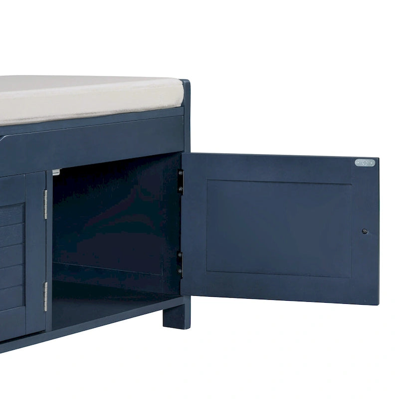 Upholstered Storage Ottoman Bench with 3 Shutter-Shaped Doors Cabinet