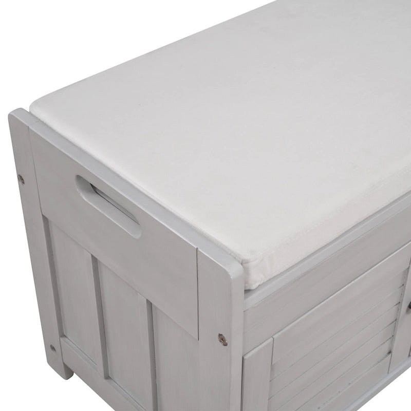 Upholstered Storage Ottoman Bench with 3 Shutter-Shaped Doors Cabinet