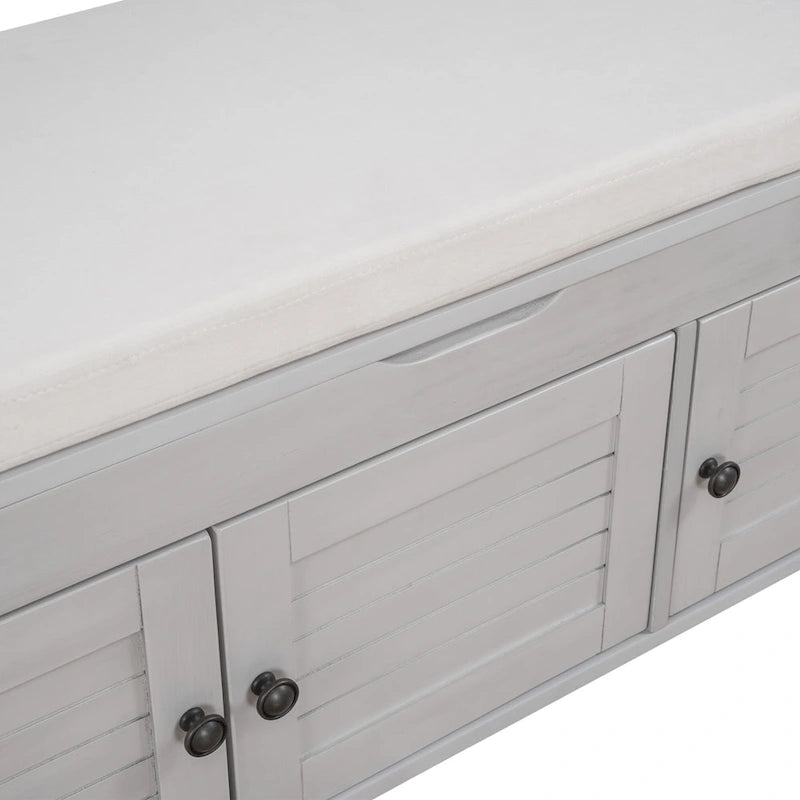 Upholstered Storage Ottoman Bench with 3 Shutter-Shaped Doors Cabinet