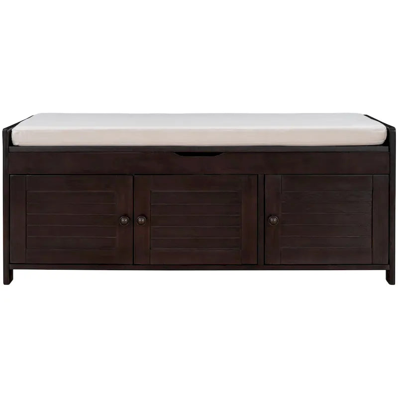 Upholstered Storage Ottoman Bench with 3 Shutter-Shaped Doors Cabinet