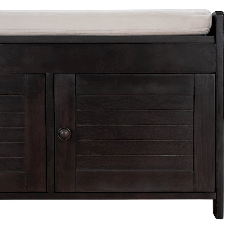 Upholstered Storage Ottoman Bench with 3 Shutter-Shaped Doors Cabinet
