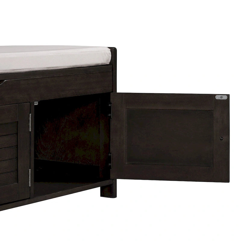 Upholstered Storage Ottoman Bench with 3 Shutter-Shaped Doors Cabinet
