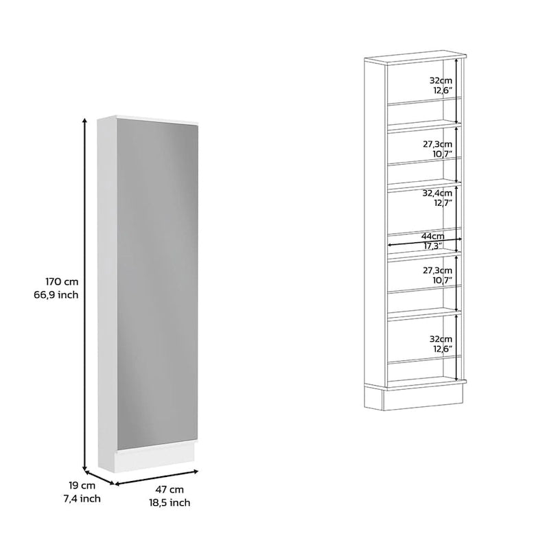 Shoe Rack Chimg, Mirror, Five Interior Shelves, Single Door Cabinet