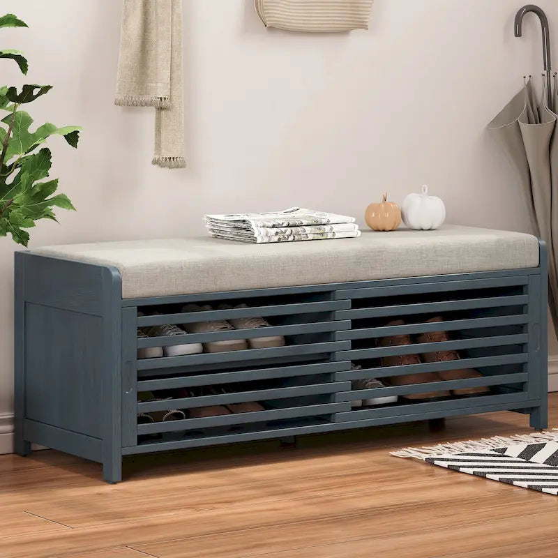 Distressed Shutter Storage Bench with Acacia Veneer for Retro Charm for Living Room, Entryway