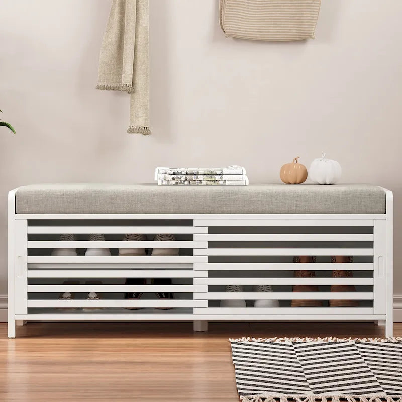 Distressed Shutter Storage Bench with Acacia Veneer for Retro Charm for Living Room, Entryway