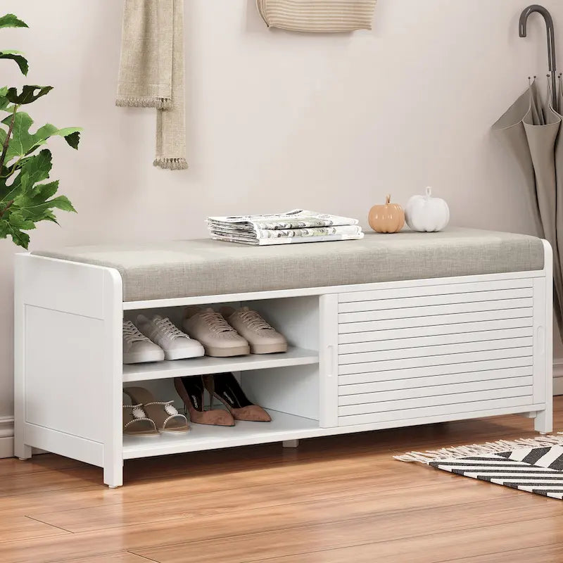 Distressed Shutter Storage Bench with Acacia Veneer for Retro Charm for Living Room, Entryway