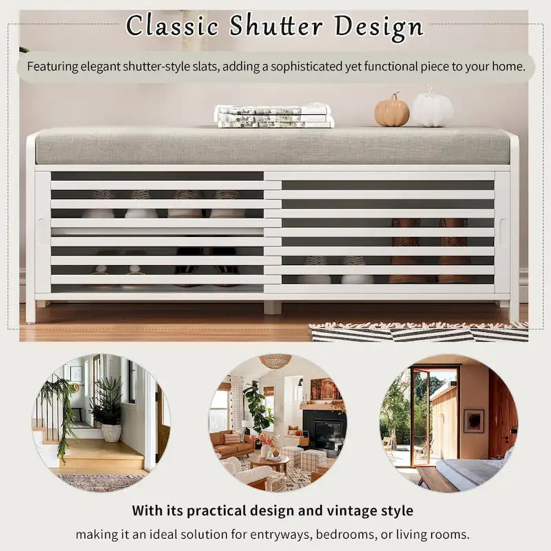 Distressed Shutter Storage Bench with Acacia Veneer for Retro Charm for Living Room, Entryway