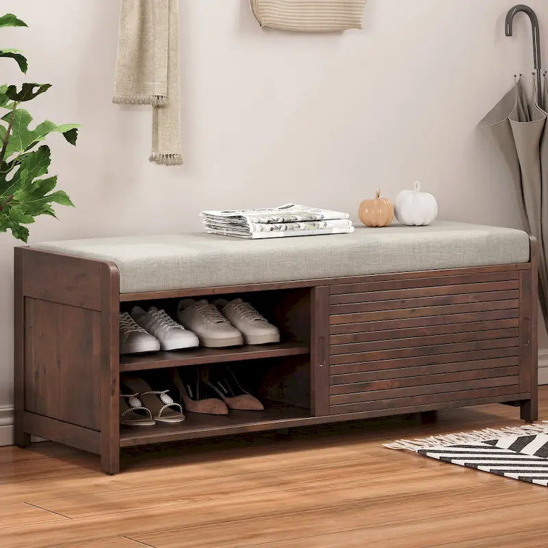 Distressed Shutter Storage Bench with Acacia Veneer for Retro Charm for Living Room, Entryway