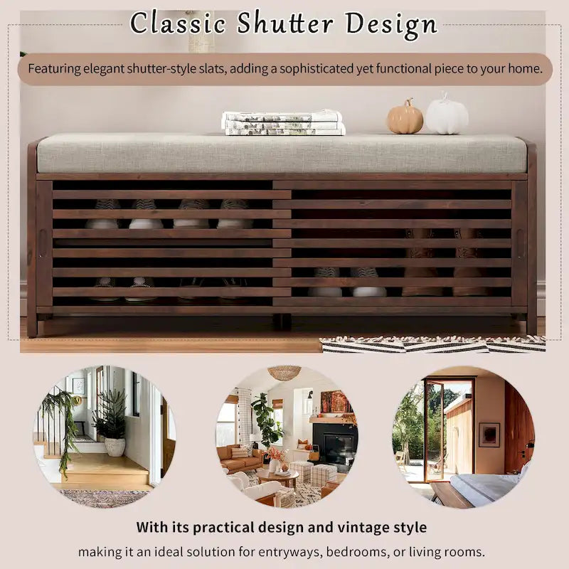 Distressed Shutter Storage Bench with Acacia Veneer for Retro Charm for Living Room, Entryway