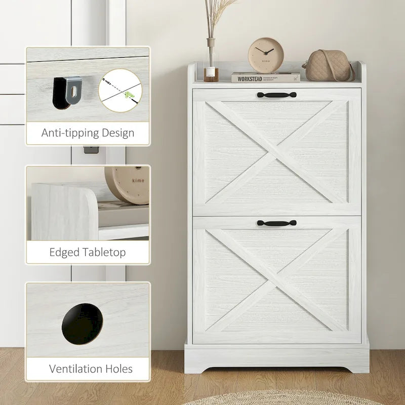 Slim Shoe Cabinet, Farmhouse Hidden Shoe Storage Cabinet with 2 Flip Drawers and Adjustable Shelves for 8 Pairs of Shoes