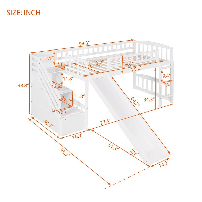 Stairway Twin Size Loft Bed with Two Drawers and Slide