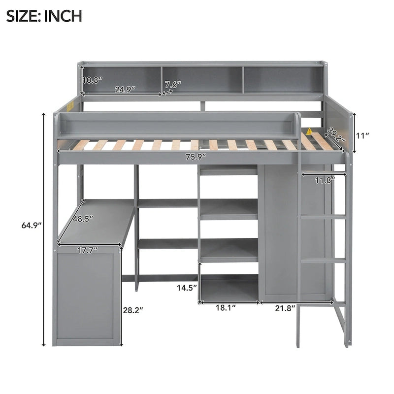 Wood Twin Size Loft bed with Multiple Storage Shelves and Wardrobe