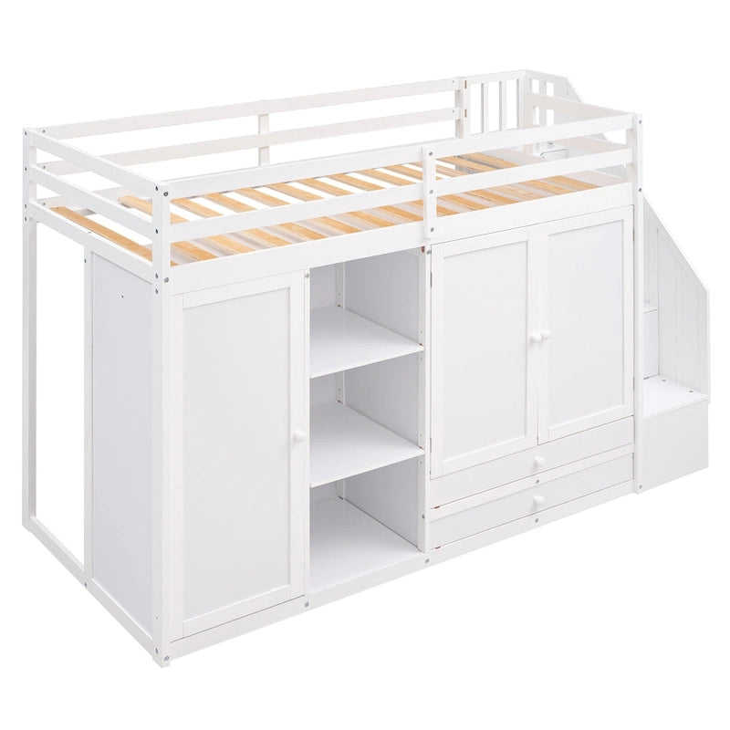 Functional Loft Bed with 3 Shelves, 2 Wardrobes and 2 Drawers, Ladder with Storage