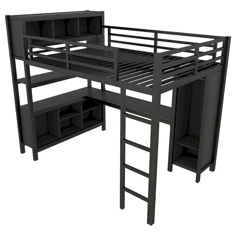 Metal Loft Bed with Wardrobe And L-shaped Desk