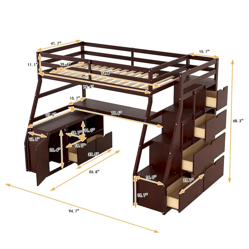Twin Size Loft Bed with 7 Drawers 2 Shelves and Desk