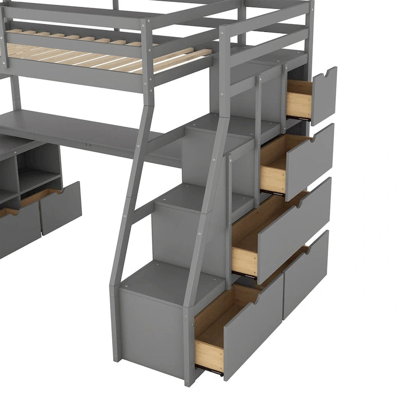 Twin Size Loft Bed with 7 Drawers 2 Shelves and Desk