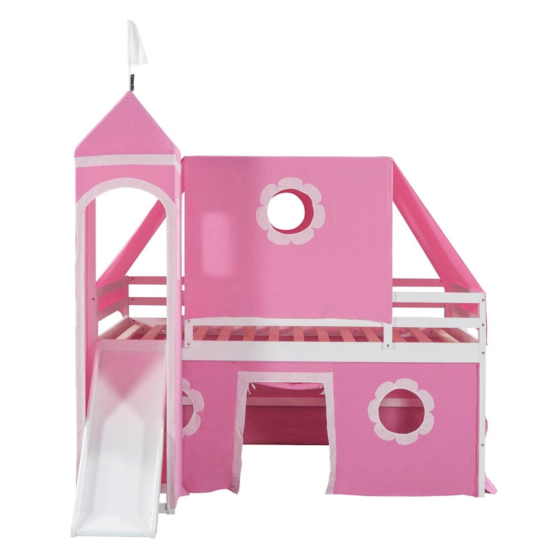 Full Size Loft Bed with Slide Pink Tent and Tower