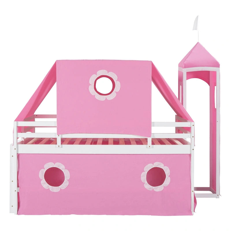 Full Size Loft Bed with Slide Pink Tent and Tower