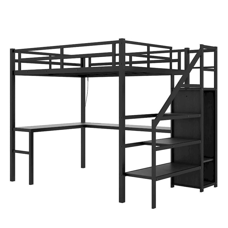 Twin XL Size Loft Bed with L-shaped Desk and USB