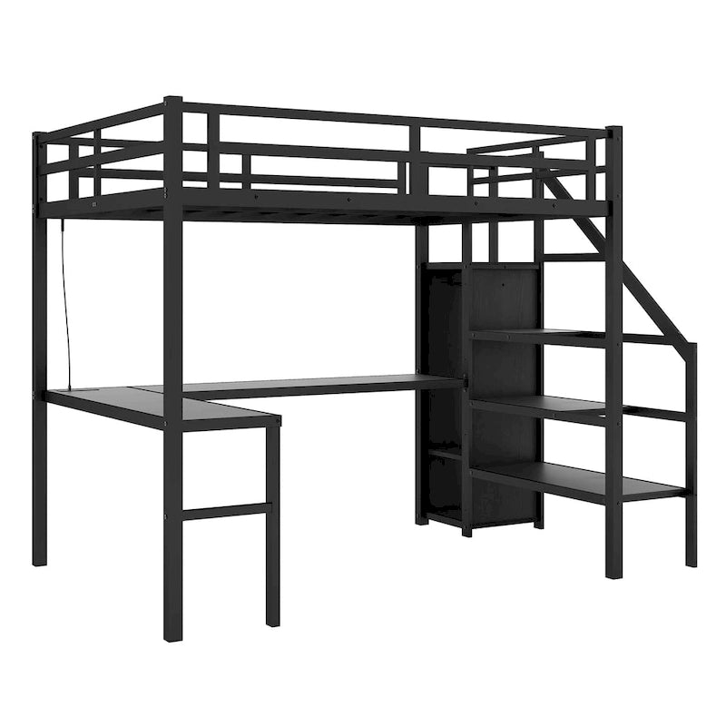 Twin XL Size Loft Bed with L-shaped Desk and USB