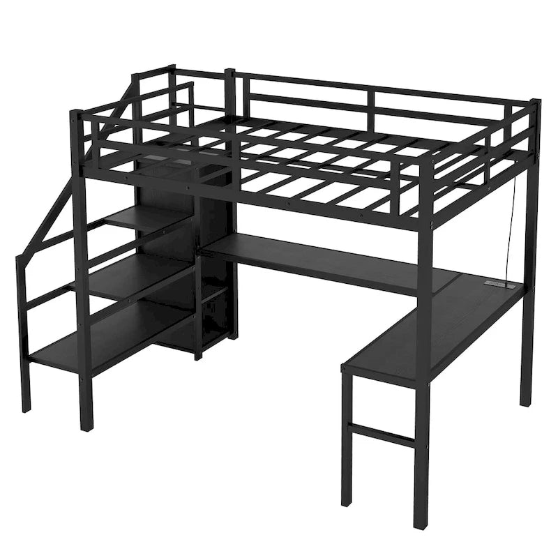 Twin XL Size Loft Bed with L-shaped Desk and USB