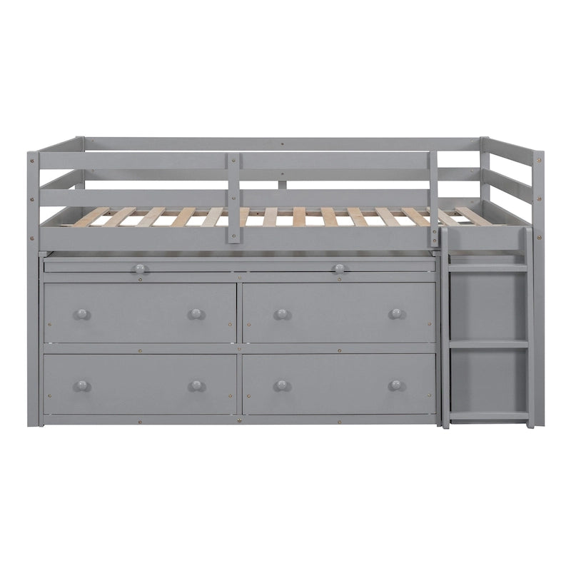 Full Size Loft Bed with Retractable Writing Desk and 4 Drawers, Wooden Loft Bed with Lateral Portable Desk and Shelves