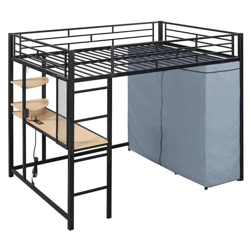 Full Size Loft Metal Bed with Desk,Shelves,Power Outlet,LED Light and Wardrobe