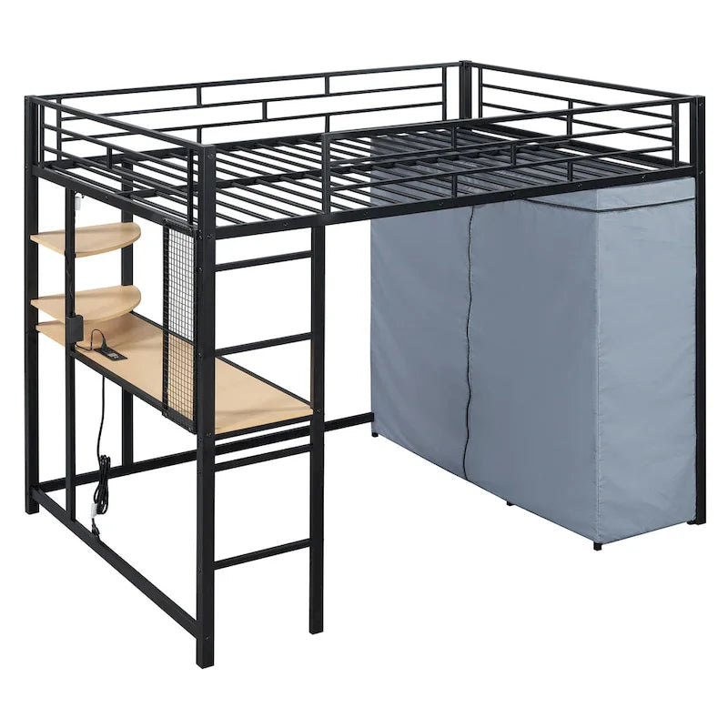Full Size Loft Metal Bed with Desk,Shelves,Power Outlet,LED Light and Wardrobe