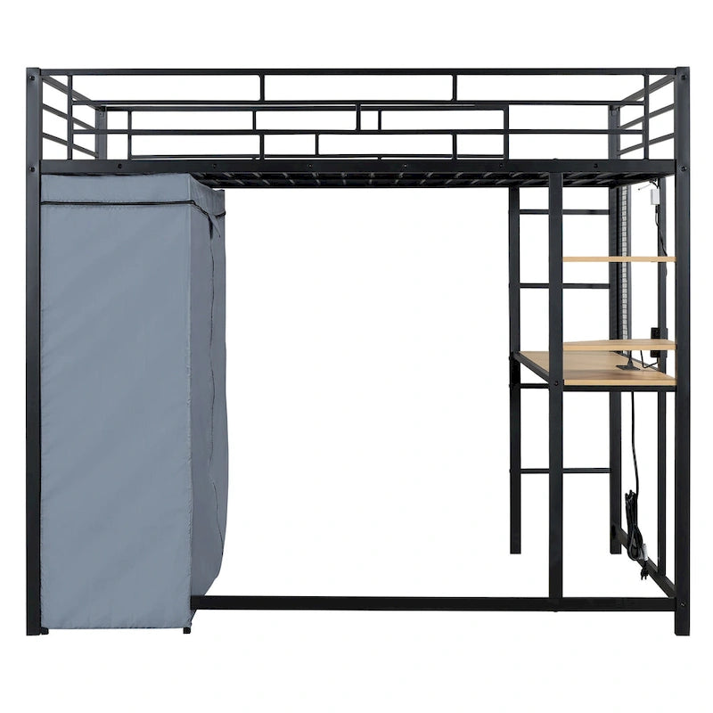 Full Size Loft Metal Bed with Desk,Shelves,Power Outlet,LED Light and Wardrobe