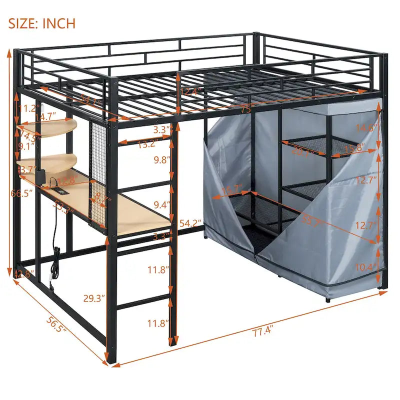 Full Size Loft Metal Bed with Desk,Shelves,Power Outlet,LED Light and Wardrobe