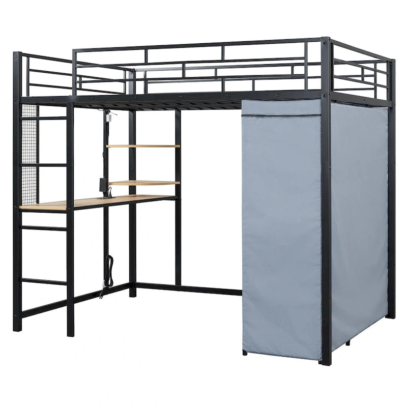 Full Size Loft Metal Bed with Desk,Shelves,Power Outlet,LED Light and Wardrobe