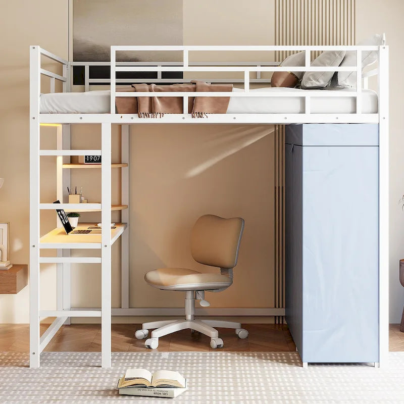 Full Size Loft Metal Bed with Desk,Shelves,Power Outlet,LED Light and Wardrobe