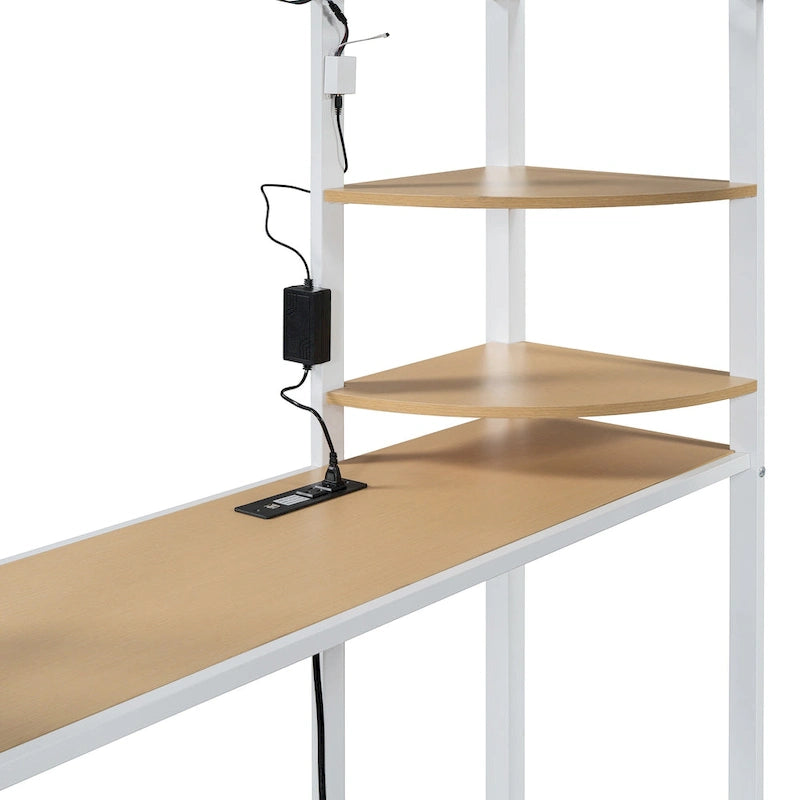 Full Size Loft Metal Bed with Desk,Shelves,Power Outlet,LED Light and Wardrobe
