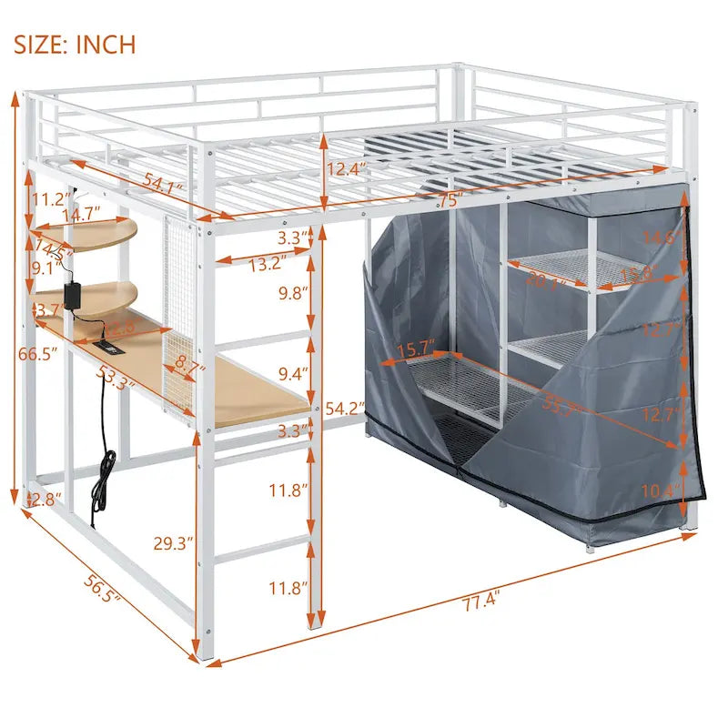 Full Size Loft Metal Bed with Desk,Shelves,Power Outlet,LED Light and Wardrobe