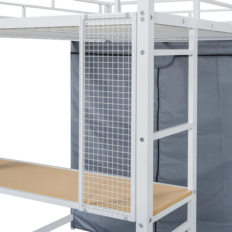 Full Size Loft Metal Bed with Desk,Shelves,Power Outlet,LED Light and Wardrobe