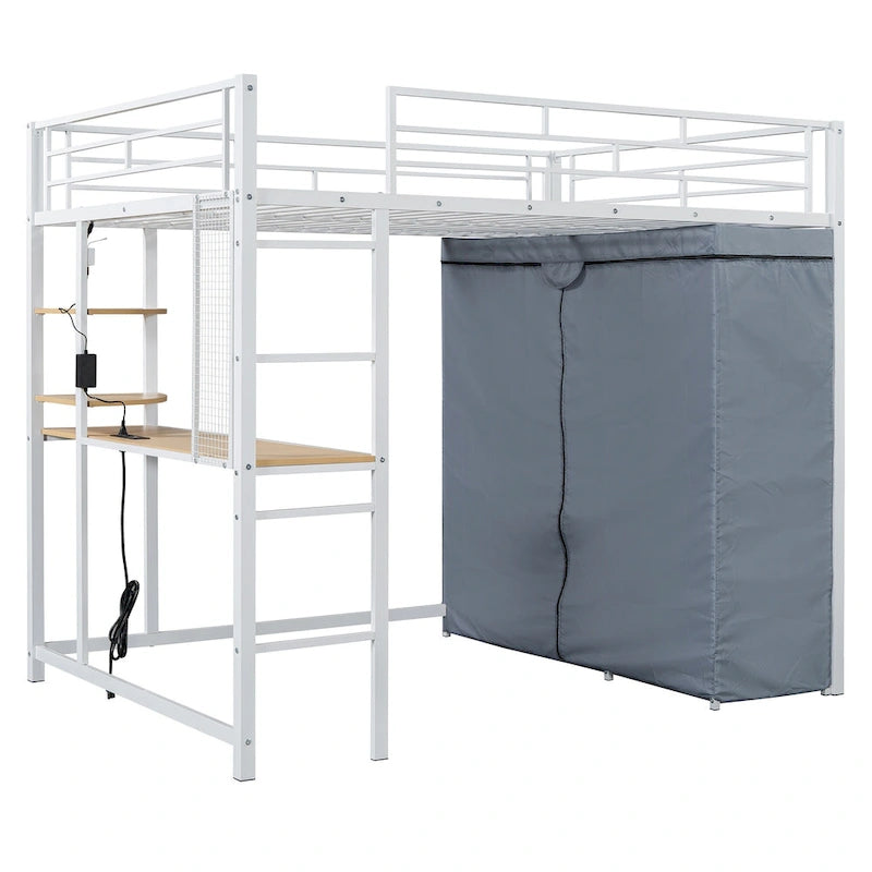 Full Size Loft Metal Bed with Desk,Shelves,Power Outlet,LED Light and Wardrobe